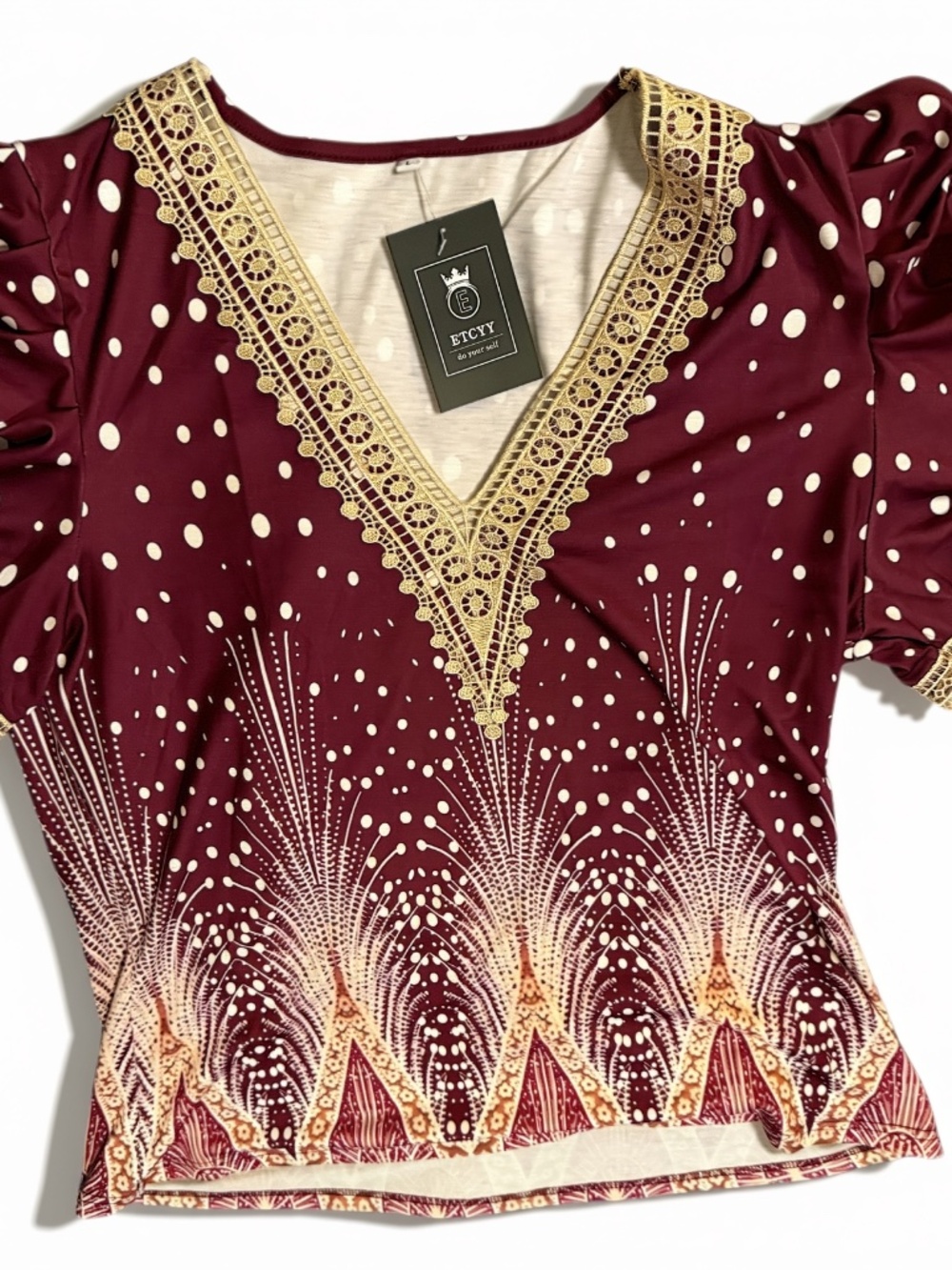 ETCYY Women's Burgundy Boho Lace Trim Puff Sleeve Top Large NWT